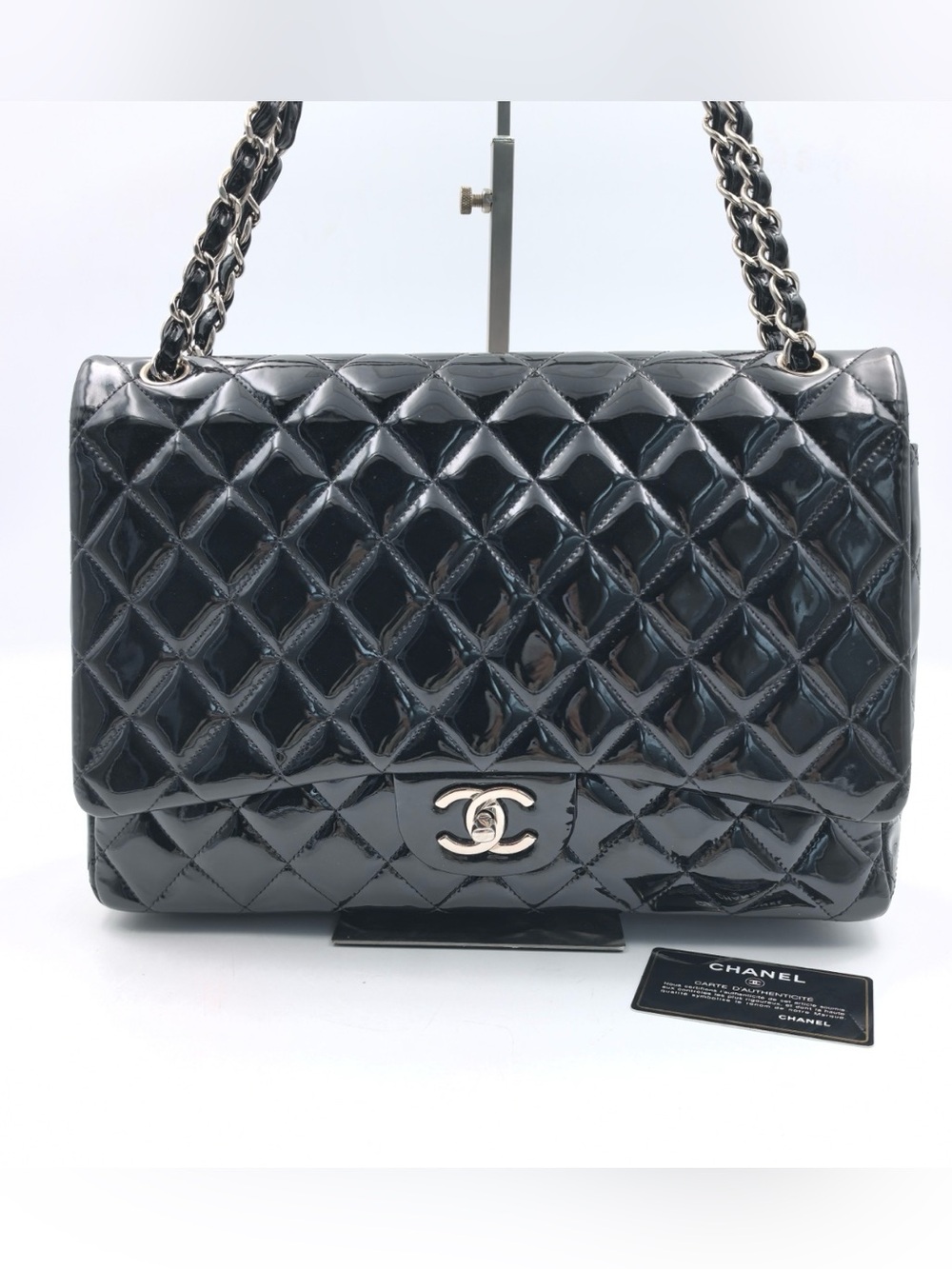 CHANEL Black Quilted Patent Leather Double Flap Bag Shoulder Bag with Silver